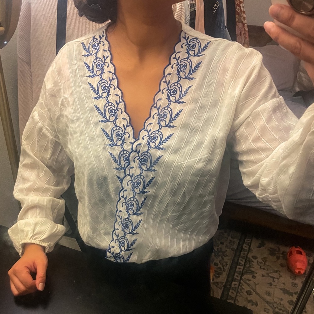 Light Long Sleeve with Blue Stitched Floral Pattern